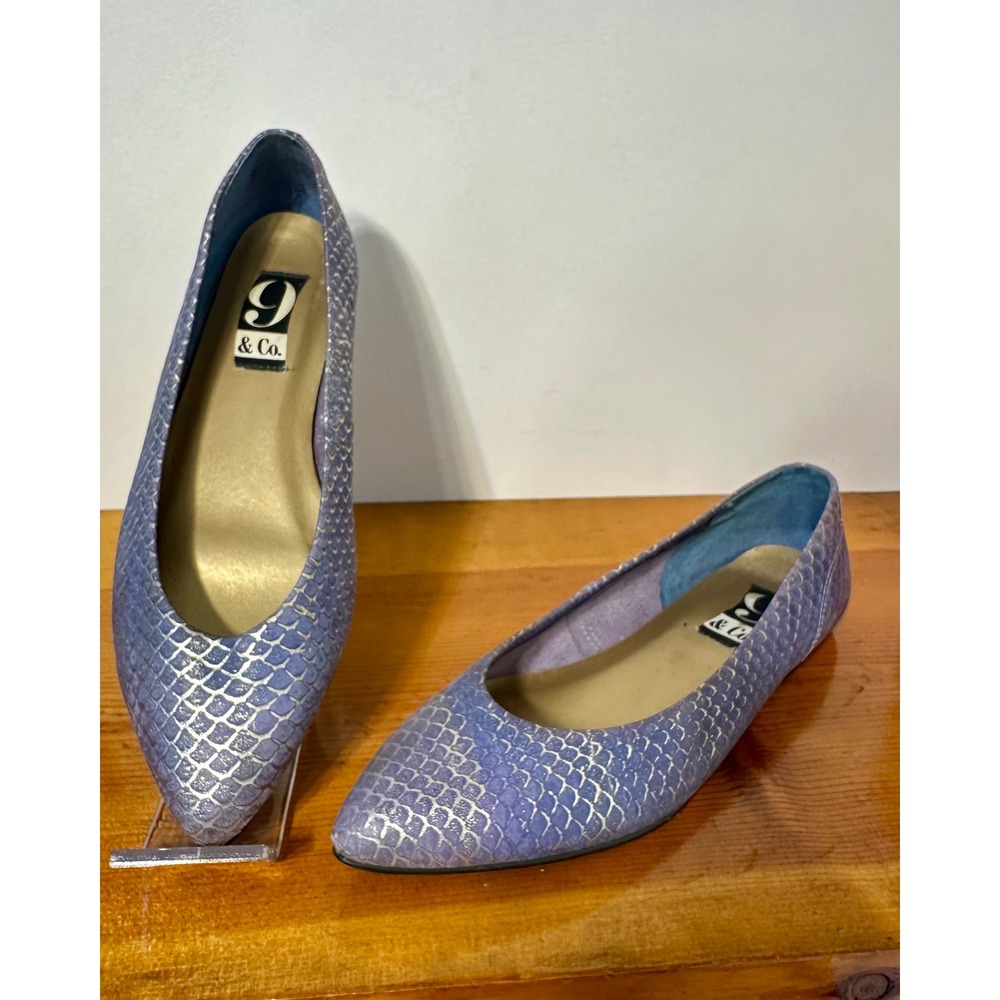 Vintage 90s 9 & Co Periwinkle Metallic Reptile Leather Pointed Flats 8.5 Ballet
